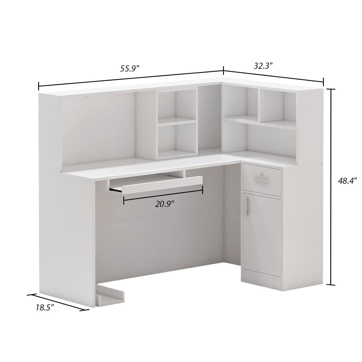 Homsee Reception Desk L-Shaped Office Desk with Counter, 1 Door Storage Cabinet, 1 Lockable Drawer, Hutch Shelf & Keyboard Tray, White Homsee