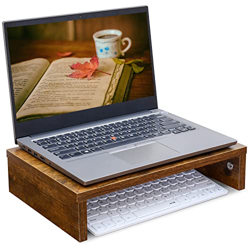 TEAMIX 14.2 inch Monitor Stand Riser, Rustic Brown Wood Monitor Riser with Storage for Desk Small Monitor Stand TV/Screen/PC/Laptop Riser Computer Stand Desktop Shelf (Brown-14.2 inch) TEAMIX