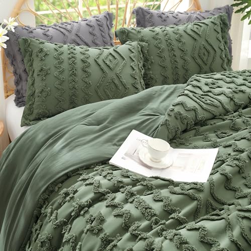 Amélie Home Boho Comforter Set, 2 Piece Bedding Set with 1 Pillow Case, Soft Microfiber Comforter with Hollow Fiber Fill, Lightweight All-Season Comforter for Farmhouse & Modern Bedroom, Twin, Green Amélie Home