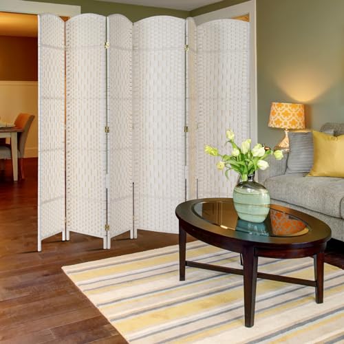 VINGLI 6-Panels Tall Rattan Room Divider, 6 FT Folding Privacy Screen, Indoor Partition Wall Dividers, Freestanding Hinged Space Separator (White) VINGLI
