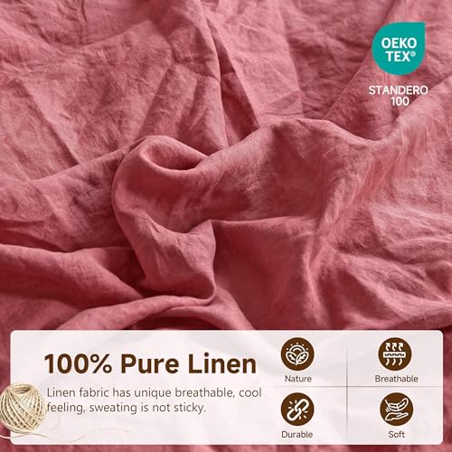 Simple&Opulence 100% French Linen Duvet Cover Set, 3 Pieces Belgian Flax Breathable Bedding, King Size 104''x92'' (1 Comforter Cover+2 Pillowshams) with Tie Closure Style, Red Simple&Opulence