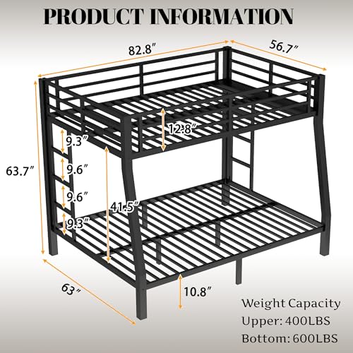 Bellemave Metal Full XL Over Queen Bunk Bed with High Guardrail & Under-Bed Storage, Heavy Duty Bunk Beds Frame with 2 Side Ladders, Full Over Queen Bunk Bed for Adults, No Box Spring Needed, Black Bellemave