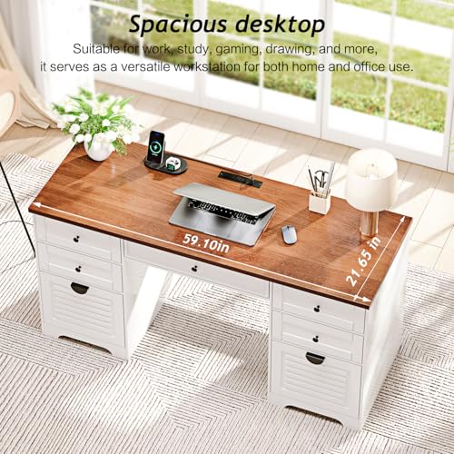 Ieejdn 59" Home Office Desks, Executive Desk, Farmhouse Computer Desk with 7 Drawers and Charging Station, File Drawer, Rustic Computer Writing Desk,Antique Cream Ieejdn