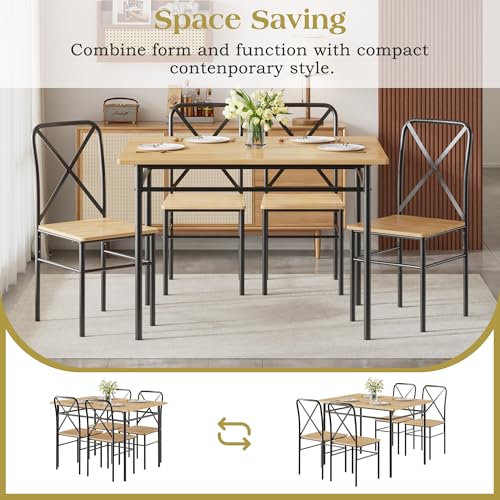 VECELO 5-Piece Kitchen Dining Table Set, Wood Tabletop & Heavy-Duty Metel Frame, Rectangle Dinette with 4 Chairs for Small Space, Breakfast Nook, Natural Black VECELO