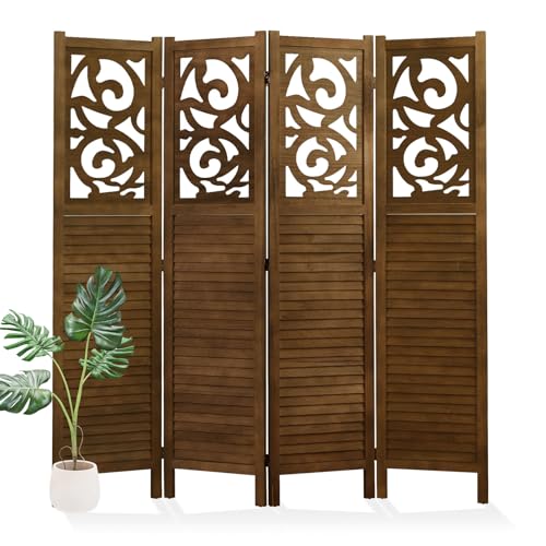 Svimi Folding Room Divider, 5.6Ft 4 Panels Wood Carved Privacy Screens, Free Assembled Freestanding Portable Reversible Functional Decorative Partition for Home Office Restaurant Bedroom (Brown) Svimi