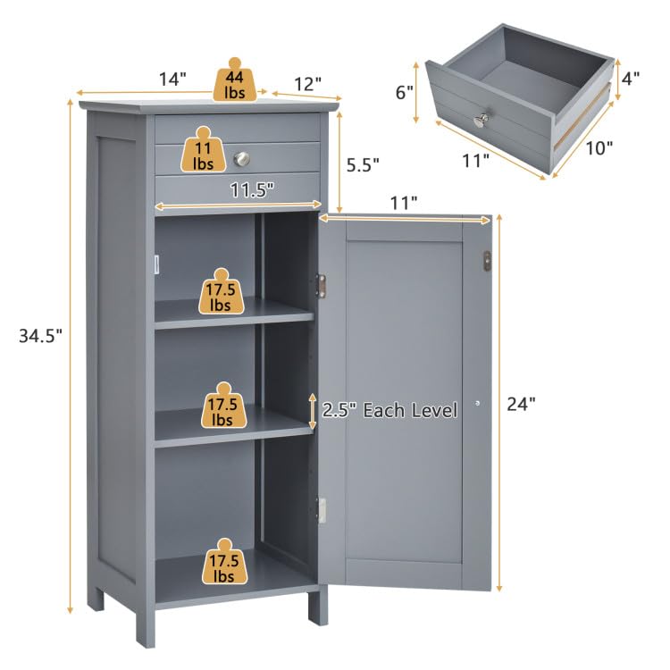 GOFLAME Freestanding Grey Bathroom Storage Cabinet with Large Drawer and Adjustable Shelves GOFLAME