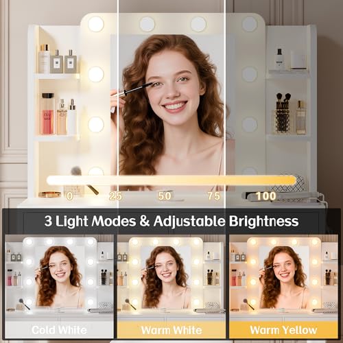 Haewon White Vanity Desk with Mirror and Lights, Makeup Vanity with 10 LED Bulbs and 3 Color Modes, Dressing Table Set with Power Outlets, Storage Drawers and Chair for Bedroom Haewon