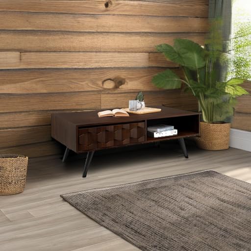 Bme Georgina Solid Wood Coffee Tables for Living Room, Coffee Table Mid Century Modern with 2 Symmetrical Storage Drawers & Geometric Details, Fully Assembled Center Table, Walnut Bme