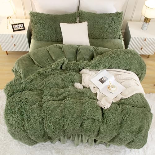 Andency Faux Fur Sage Green Comforter Set Queen Size, 3 Pieces Fluffy Fuzzy Plush Bedding Comforter Set (1 Shaggy Velvet Comforter & 2 Pillowcases), Soft Puffy Comfy Down Comforter Bedding Set