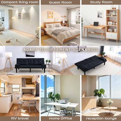 ODOLAR 67" Futon Sofa Bed,Convertible Sofa Bed with 2 Cup Holders,Sleeper Couch PVC Leather Removable Soft Armrest Small Couch for Living Room Apartments (Black) ODOLAR
