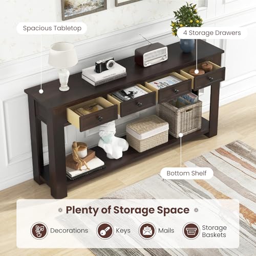 Giantex 63" Farmhouse Console Table with 4 Drawers, Modern Wood Entryway Table, Narrow Long Sofa Tables with Open Storage Shelf for Living Room, Hallway, Entrance, Foyer, Rustic Vintage, Espresso Giantex