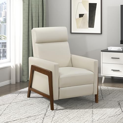 Lexicon Push Back Recliner Chair, Faux Leather Upholstered Reclining Chair with Footrest, Exposed Dark Brown Finish Wood Frame, Small Recliner for Small Space, Living Room, Bedroom, Light Beige