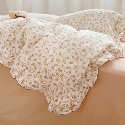 BuLuTu Soft Cotton Muslin Duvet Cover Girls Kids Floral Duvet Cover Beige Crib Bedding Comforter Cover Quilt Cover, 47"x59", Camellia Print (Pillowcases Not Included) BuLuTu