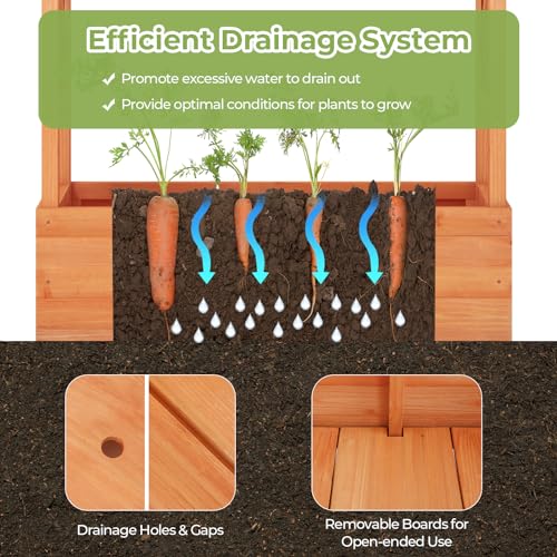 LDAILY Moccha Raised Garden Bed with Trellis, Wood Garden Planter with Hanging Roof, Drainage Holes, Freestanding Elevated Planter Box for Climbing Plants, Vines, Flowers, 43.5" x 17.5" x 72" LDAILY