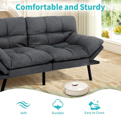MUUEGM 71" Futon Sofa Bed with Memory Foam,Futon Couch with Adjust Backrest and Armrest, Couches Bed for Living Room,Studios, Apartments, Dormitories, Offices and Game Rooms. Dark Gray Sofa Bed MUUEGM