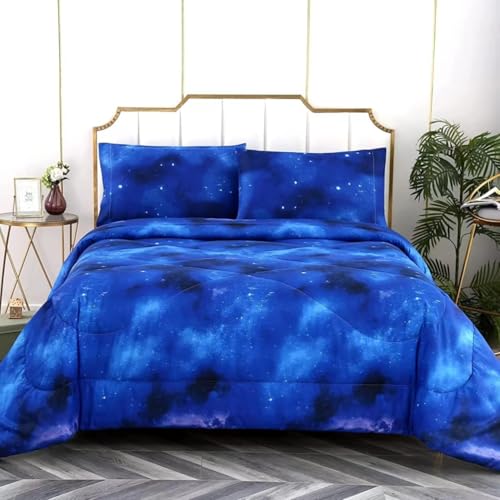 SDIII 3PCS Blue Galaxy Comforter Set Full, Soft Microfiber Lightweight Blue and Pink Space Comforter Full, Galaxy Bedding for Boys Girls Kids Teens SDIII