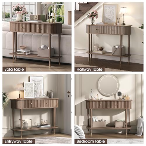 JOINICE 43" Entryway Table with Drawers,Fluted Console Table with Storage Shelf,Narrow Sofa Table for Living Room,Hallway,Foyer,Walnut JOINICE