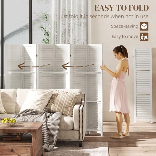 HOMCOM Room Divider, 6 Panel 67" Tall Wood Privacy Screen with 3 Display Shelves, and Folding Storage for Bedroom or Home Office, White HOMCOM