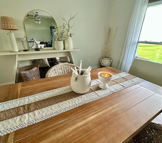 FEXIA Boho Table Runner with Tassels 60 Inches Long Thanksgiving Farmhouse Rustic Cream & Brown Macrame Table Runner for Home Dining Bedroom Bridal Shower Decor(12x60 Inches) FEXIA