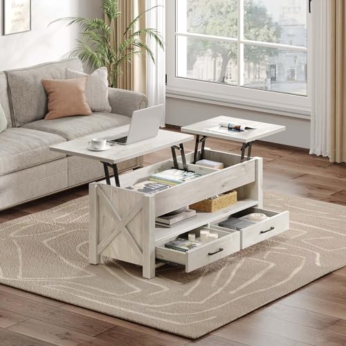 Seventable Coffee Table, 47.2" Lift Top Coffee Table with 2 Storage Drawers and Hidden Compartment, Retro Center Table with Wooden Lift Tabletop for Living Room, Gray Seventable