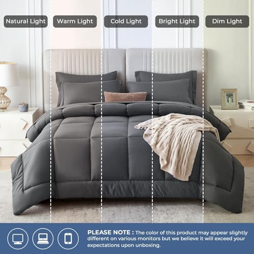 Sasttie Queen Comforter Set, 7 Pieces Bed in a Bag Queen, Complete Bedding Set Includes Grey Comforter, Flat Sheet, Fitted Sheet, Pillowcases and Pillow Shams, Dark Grey Sasttie