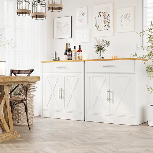 Vongrasig Farmhouse Coffee Bar Cabinet, Small Sideboard Buffet with Storage, Modern Kitchen Storage Cabinet with 1 Drawer and 2 Doors for Kitchen, Dining Room, White Vongrasig