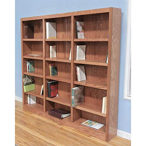 BOWERY HILL 72" Classic Triple Wide Wood Bookcase with 12 Adjustable and 3 Fixed Shelves in Dry Oak Finish BOWERY HILL