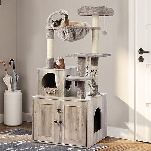 Timberer Cat Tree with Litter Box Enclosure, 2-in-1 Cat Tower for Indoor Cats, Large Cat Furniture, Wood Cat Condo with Basket, Scratching Posts, Pompoms, Grey Timberer