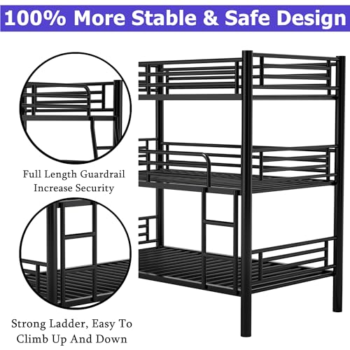 ATOPCORP New Upgrade Metal Twin Over Twin Over Twin Triple Bunk Bed Frame,Detachable Heavy Duty Steel 3 Bunk Beds with 2 Ladder & Guardrail for Kids Adults Teens Boys, No Box Spring Need (Black) ATOPCORP