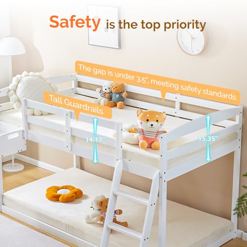 JOYMOR Bunk Bed with Curved Slide, Low Bunk Bed Twin Over Twin, Bunk Bed with Slide and Angled Ladder, Solid Pine Wood Slide Bed,14" Safety Guardrail, Anti-Slip Steps JOYMOR