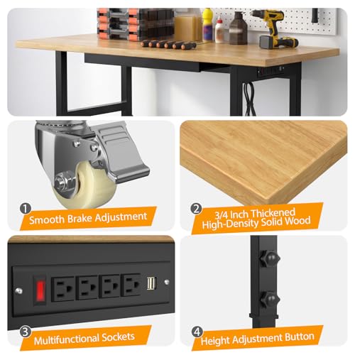 60" Adjustable Workbench,Heavy-Duty Work Table,3000 LBS Load Capacity Hardwood Workstation Outlets with Power Strips, Drawers and Wheels,for Workshop, Garage Gymplis