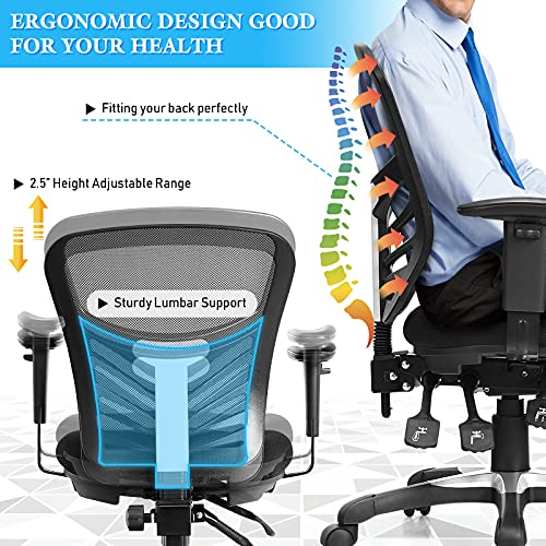 COSTWAY Ergonomic Mesh Office Chair, Mid Back Task Chair with Height Adjustable Armrests, Lumbar Support and Rocking Backrest, Breathable Swivel Computer Desk Chair for Home Office (Black) COSTWAY