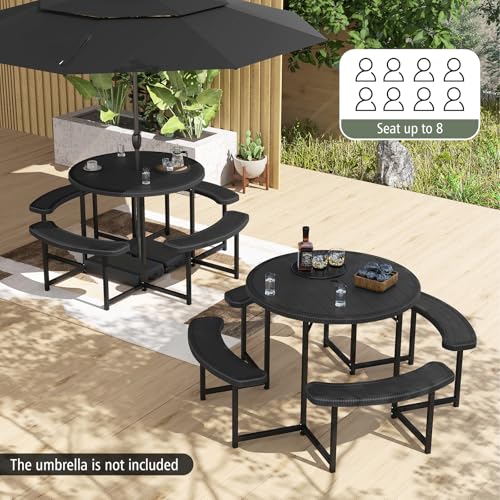 Giantex Picnic Table Bench Set for 4-8 Person, Round 37” Outdoor Dining Table w/Umbrella Hole, HDPE Tabletop, Metal Frame, Patio Furniture Set for Backyard Porch Lawn, 1400lb Capacity (Black,Round) Giantex