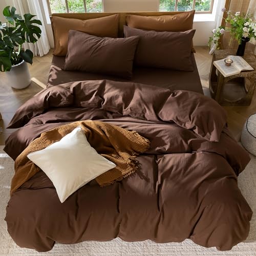 MooMee Bedding Duvet Cover Set 100% Washed Cotton Linen Like Textured Breathable Durable Soft Comfy (Solid Cocoa Brown, Queen 90"x90") MooMee