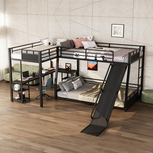 MERITLINE Full Over Full(XL) L-Shaped Metal Bunk Bed with Desk and Slide, Heavy Duty Triple Bunk Bed with Storage Shelves, L-Shaped Bunk Bed for Teens Adults, Space Saving and Quiet Design, Black MERITLINE
