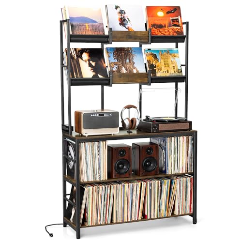 Aquzee Extra Large Record Player Stand, Vinyl Record Stand Hold Up to 600 Albums, Turntable Stand with Record Display Shelf, Record Player Table for Living Room Bedroom Music Room Studio, Rustic Brown Aquzee
