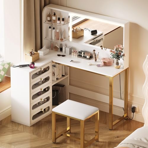 DWVO Vanity Desk with LED Lighted Mirror and 3 Lighting Modes, L-Shaped Corner Vanity Table, 48" Large Dressing Table with 5 Tempered Glass Drawers with Open Storage Shelves, White DWVO