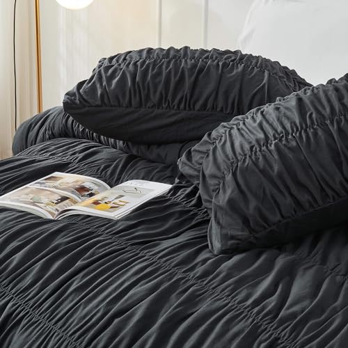 Bonlino Queen Comforter Set - Black Boho Shabby Chic Bedding for Bedroom - Fluffy 3 Piece Ruffle Comforter Set with Pillow Bonlino