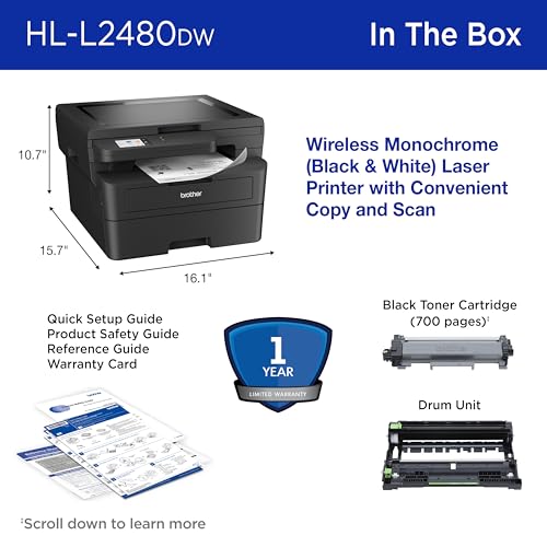 Brother HL-L2480DW Wireless Compact Mobile Monochrome Multi-Function Laser Printer with Copy, Scan, Duplex, Black & White Output | Includes Refresh Subscription Trial(1), (Renewed Premium) Brother