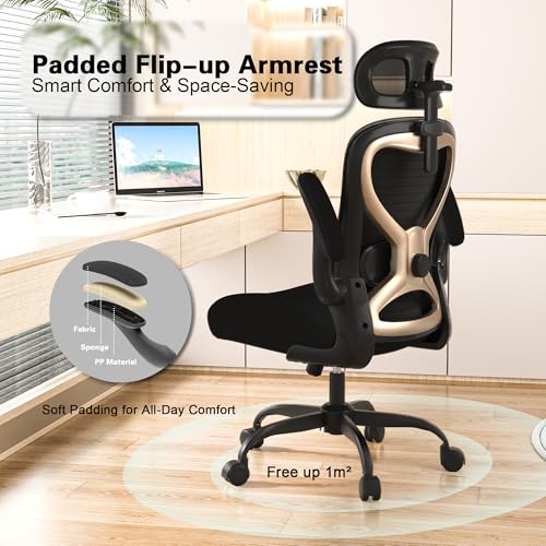 Ergonomic Office Chair, Mesh Desk Chair with Headrest, Lumbar Support, Thick Seat Cushion, Flip-up Arms, High Back Computer Task Chairs for Home Office (English, Black/Gold) CASASIO