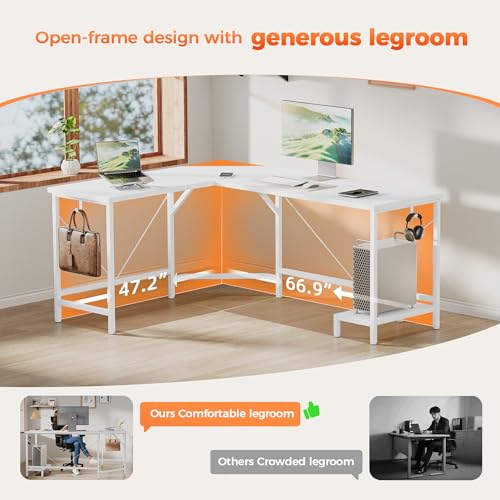 Mericonia 66 inch Large Corner Gaming Desk, Simple L Shaped Desk with CPU Stand & Hooks, Computer Desk for Home, Bedroom & Office Workspace, White Mericonia