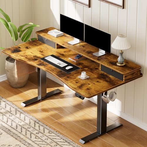 Veken 47.2"×27.6" Standing Desk with Storage Drawers, Adjustable Height Computer Table with Monitor Shelf, Home Office Desk for Study, Gaming, Workstation, Brown Veken