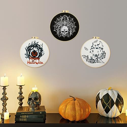 Armindou Halloween Embroidery Starter Kits for Beginners Adults, Stamped Cross Stitch Kit for Adult Beginner, Needlepoint Hand Embroidery Kit with Pattern, 3 Embroidery Hoop, 3 Set Embroidery Supplies