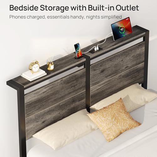 Rolanstar Full Size Bed Frame with Charging Station, LED Full Bed Frame with Wood Storage Headboard, Platform Bed with Metal Slats & Under Bed Storage, No Box Spring Needed, Noise Free, Deep Grey Rolanstar