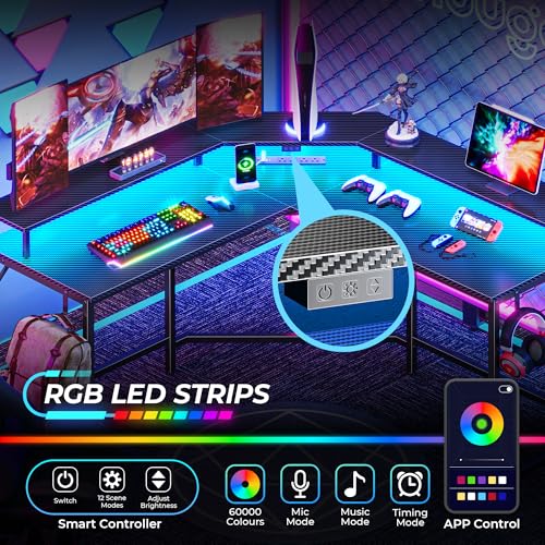 Huuger L Shaped Gaming Desk with Power Outlets & LED Lights, Computer Desk with Monitor Shelves, Carbon Fiber Surface, Home Office Desk, Corner Gaming Desk with Hooks, Carbon Fiber Black Huuger