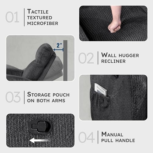 Lexicon Manual Recliner Chair, Textured Microfiber Reclining Chair, Wall Hugger, Track Arms, Magazine Pockets, Manual Recliner for Living Room/Office/Apartment, Easy Assembly, Dark Gray