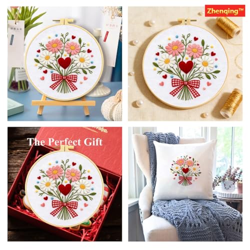 Zhenqing Love Heart Bouquet Embroidery Kit for Beginners, Pre-Printed 29x29cm Cotton Fabric with 20cm Hoop, Sweet Floral Design with Bow and Daisies (C0237)
