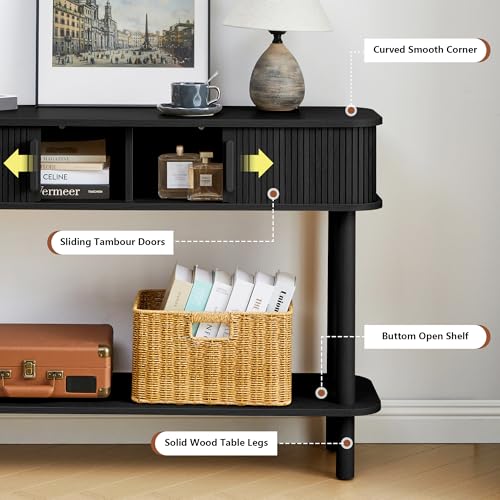 RARZOE Console Table with Storage, Fluted Entryway Table with Sliding Door&Open Shelf, Sofa Table Behind Couch, Mid-Century Modern Accent Table for Hallway, Entrance, Foyer, Fully Assembled(Black) RARZOE