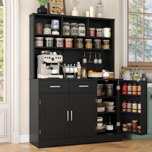 Tall Pantry Cabinet, Modern Kitchen Hutch with Microwave Stand, Kitchen Pantry Storage Cabinet with 2 Darwers & Door Shelf, Food Pantry with Goblet Holders & Adjustable Shelves for Dining Room, Black Gyfimoie