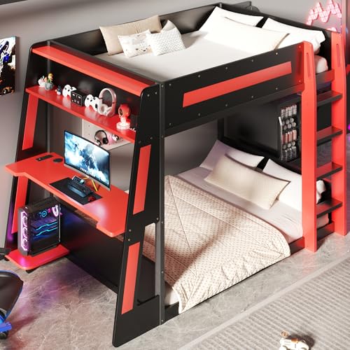 FUvellamo Full Over Full Gaming Bunk Bed with Desk and LED Light,Full Size Wooden Loft Bed Frame with Two Storage Shelves and USB,Esports Design for PC & Console Gamers, Black Red FUvellamo